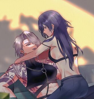 2girls abs arm_tattoo bare_arms bare_shoulders black_bra black_hair black_pants black_shirt bra breasts chest_harness chief_(path_to_nowhere) commentary_request crop_top earrings female_chief_(path_to_nowhere) gkr_tourabu grey_hair hands_on_another&#039;s_shoulders harness highres jewelry korean_commentary long_hair looking_at_another medium_breasts medium_hair midriff multiple_girls pants parted_lips path_to_nowhere shirt shoulder_tattoo sitting sitting_on_lap sitting_on_person sleeveless sleeveless_shirt smile tattoo toned toned_female underwear yuri zoya_(path_to_nowhere)