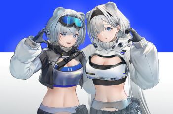 Rule 34 | :d, absurdres, animal ears, arknights, arknights: endfield, aurora (arknights), bbgg (pixiv 77795272), bear ears, bear girl, black gloves, black hairband, black jacket, blue background, blue eyes, breasts, bright pupils, chinese commentary, cleavage, cleavage cutout, closed mouth, clothing cutout, commentary request, crop top, cropped jacket, eyewear on head, gloves, hair over one eye, hairband, hand up, highres, jacket, large breasts, long hair, long sleeves, looking at viewer, multicolored jacket, open clothes, open jacket, open mouth, short hair, simple background, smile, snowshine (arknights), teeth, two-tone jacket, unzipped, upper body, upper teeth only, white background, white jacket, white pupils