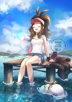 1girl afloat bare_shoulders baseball_cap black_boots black_vest boots breasts brown_hair closed_eyes cutoffs denim denim_shorts exposed_pocket gen_5_pokemon hat high_ponytail highres hilda_(pokemon) long_hair medium_breasts nintendo ocean open_mouth oshawott outdoors pier pokemon pokemon_(creature) pokemon_black_and_white ponytail shirt shoes shorts sidelocks soaking_feet sweat unworn_shoes unworn_vest vest water white_shirt wristband yomogi_(black-elf)
