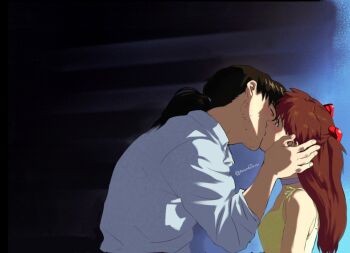 1boy 1girl age_difference alternate_universe amondetauro beard blue_choker blue_shirt choker closed_eyes commentary dress english_commentary facial_hair hetero highres kaji_ryouji kiss neon_genesis_evangelion older_male_and_younger_female orange_hair scene_reference shirt size_difference souryuu_asuka_langley the_end_of_evangelion twitter_username yellow_dress
