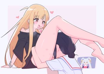 3girls ^_^ ahoge aly_(eshikidori) bare_shoulders barefoot black_hair black_shirt blonde_hair blush bottomless bracelet cho_kaguya-hime! closed_eyes commentary cunnilingus grey_hair hair_bun hair_ornament hair_rings hair_stick hand_on_another's_thigh hand_on_own_chin heart heavy_breathing hickey highres jewelry kaguya_(cho_kaguya-hime!) long_hair looking_at_another looking_down multicolored_hair multiple_girls off_shoulder open_mouth oral pink_hair red_eyes runami_yachiyo sakayori_iroha shirt short_sleeves single_hair_bun sitting tongue tongue_out twintails two-tone_hair white_shirt yuri