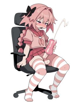 1boy :3 aroused artificial_vagina astolfo_(fate) astolfo_(sailor_paladin)_(fate) black_bow blush bow braid braided_ponytail chair crossdressing crossdressing_(mtf) cum fate/grand_order fate_(series) fruithead gaming_chair hair_bow highres male_masturbation masturbation official_alternate_costume on_chair open_mouth penis pink_hair pink_serafuku pink_skirt projectile_cum school_uniform serafuku sex_toy simple_background skindentation skirt solo striped_clothes striped_thighhighs swivel_chair thighhighs trap white_background