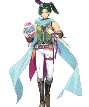 Rule 34 | 1boy, animal ears, belt, black boots, black hairband, black pants, black shirt, blue scarf, boots, carrot, closed mouth, dagger, easter egg, egg, fake animal ears, fingerless gloves, fire emblem, fire emblem: path of radiance, fire emblem: radiant dawn, fire emblem heroes, gloves, green hair, green jacket, green vest, hairband, highres, holding, holding dagger, holding knife, holding weapon, jacket, knife, looking at viewer, nintendo, non-web source, official alternate costume, official art, pants, rabbit ears, scarf, shirt, sleeveless, solo, sothe (fire emblem), sothe (in the breeze) (fire emblem), tachi-e, tsunakawa, vest, weapon, white gloves, yellow eyes