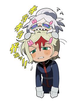 1boy 1girl biting bleeding blonde_hair blood blue_eyes blush chibi deux_murasame freckles gates_capa gloves green_eyes gundam gundam_gquuuuuux head_biting kamonekm mecha_pilot_suit normal_suit_(gundam) sharp_teeth teeth