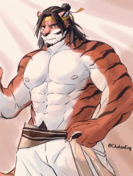 absurdres animal_ears arknights bad_id bad_twitter_id bara furry furry_male hand_on_own_hip headband highres light_beam long_hair looking_at_viewer male_focus shensedexiao_(49809635) solo solo_focus striped tail tiger tiger_ears tiger_tail topless_male yellow_headband