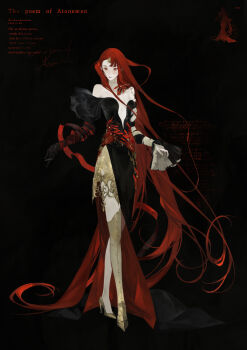 1girl absurdres baichuan_baichuan bare_shoulders black_background black_dress black_gloves breasts closed_mouth dress elbow_gloves english_text full_body gloves headpiece high_heels highres long_hair long_sleeves looking_at_viewer original pale_skin poem red_eyes red_hair shoes sidelocks simple_background single_elbow_glove single_thighhigh small_breasts solo spot_color standing tachi-e thighhighs very_long_hair watermark yellow_shoes yellow_thighhighs