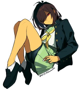 1other bike_shorts bike_shorts_under_skirt black_shoes brown_hair cigarette colored_skin commentary deltanoodle english_commentary expressionless green_skirt holding holding_cigarette jacket looking_at_viewer miniskirt neckerchief open_clothes open_jacket red_eyes school_uniform serafuku shoes signature skirt upskirt yellow_neckerchief yellow_skin