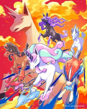 Rule 34 | dragalge, dusk, galarian form, galarian rapidash, gen 1 pokemon, gen 2 pokemon, gen 5 pokemon, gen 6 pokemon, gen 7 pokemon, gen 8 pokemon, glastrier, highres, horse, keldeo, kingdra, legendary pokemon, mudsdale, mythical pokemon, nintendo, no humans, orange clouds, pokemon, pokemon (creature), racing, rapidash, red sky, sky, spectrier, unicorn