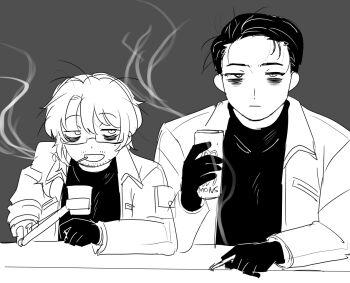 2boys :| amputee asymmetrical_sleeves bags_under_eyes beard_stubble black_gloves black_hair black_sweater blank_eyes breast_pocket can cigarette closed_mouth coffee coffee_mug collared_jacket cup drink expressionless facial_hair glasses gloves gregor_(project_moon) grey_background greyscale hair_between_eyes hair_over_shoulder hair_slicked_back half-closed_eyes high_collar highres holding holding_can holding_cigarette holding_cup jacket jitome joints kikkoinu limbus_company long_hair long_sleeves looking_at_another looking_at_viewer looking_to_the_side loose_hair_strand low_ponytail male_focus mechanical_arms messy_hair meursault_(project_moon) military military_uniform monochrome monster_energy mug multiple_boys open_clothes open_jacket open_mouth parted_bangs pocket ponytail project_moon prosthesis prosthetic_arm raised_eyebrow sanpaku semi-rimless_eyewear short_hair shoulder_pouch sideways_glance simple_background single_glove single_mechanical_arm sleeves_rolled_up smile smoke smoking steam steaming_cup stubble sweater table turtleneck turtleneck_sweater under-rim_eyewear upper_body