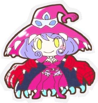 1girl appmon armor bandai bob_cut boots breasts cape chibi claw_(weapon) cleavage demon_girl digimon digimon_universe:_appli_monsters elbow_gloves full_body gloves hat leotard looking_at_viewer monster no_humans official_art pale_skin pink_leotard short_hair smile solo standing thigh_boots transparent_background vest warudamon weapon wide_hips witch_hat yellow_eyes
