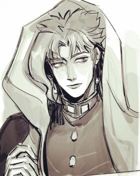 1boy asymmetrical_bangs commentary_request earrings gakuran highres jewelry jojo_no_kimyou_na_bouken kakyoin_noriaki looking_to_the_side male_focus monochrome nori_(tiffanytsaiyyy) parted_bangs portrait scarf school_uniform sketch solo stardust_crusaders