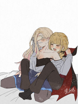 2girls black_bra black_cape black_pantyhose black_shoes blonde_hair blue_skirt blush bra braid breasts cape cleavage collarbone commentary_request covering_another's_eyes dress_shirt fangs fujita_kotone gakuen_idolmaster haniwa_hayate highres idolmaster juo_sena large_breasts leg_lock long_hair multicolored_hair multiple_girls open_clothes open_mouth open_shirt pantyhose pink_hair shirt shoes simple_background skirt streaked_hair sweat twin_braids underwear vampire white_background white_shirt yuri