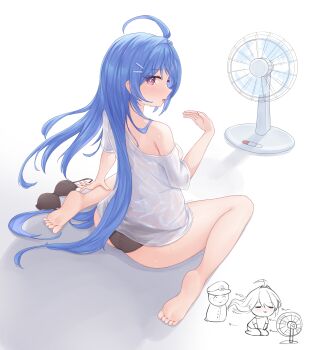 1boy 1girl absurdres azur_lane bare_legs black_panties blue_hair blush breasts chibi commander_(azur_lane) commentary english_commentary from_behind full_body girlsmell_particles_(meme) hair_ornament hairclip helena_(azur_lane) highres hot kyl490 legs long_hair looking_at_viewer looking_back medium_breasts meme panties purple_eyes shirt single_bare_shoulder sitting solo_focus spread_legs thighs underwear very_long_hair white_shirt