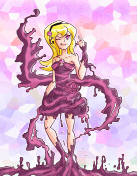 1girl ben_10 ben_10:_omniverse black_hairband clover-karin dress freckles hairband highres lucy_mann medium_hair pink_dress shirt smile solo tongue tongue_out white_shirt