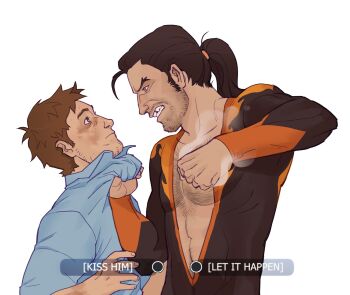 2boys arm_up bare_pectorals beard_stubble blue_shirt bodysuit brown_eyes bruise bruise_on_face chest_hair clenched_teeth clothes_grab collarbone collared_shirt commentary dispatch english_commentary eye_contact facial_hair flambae_(dispatch) forked_eyebrows highres implied_yaoi injury looking_at_another male_focus medium_sideburns multiple_boys pectorals ponytail robert_robertson shirt shirt_grab short_sideburns sideburns simple_background stubble svladcjellis teeth upper_body white_background