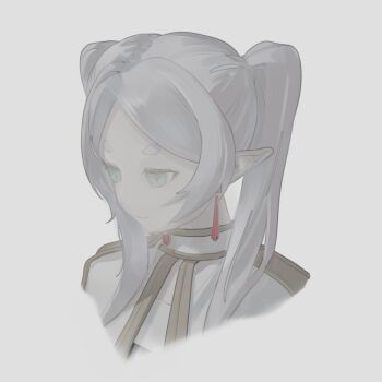 1girl capelet cropped_shoulders earrings elf frieren gold_trim green_eyes grey_hair hair_over_shoulder highres jewelry long_pointy_ears looking_down meilan777 muted_color parted_bangs pointy_ears simple_background smile solo sousou_no_frieren teardrop_earrings thick_eyebrows twintails upper_body white_background white_capelet