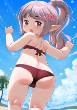 1girl absurdres ass beach bikini final_fantasy final_fantasy_xiv flower from_behind hair_flower hair_ornament highres lalafell loli long_hair looking_back open_mouth outdoors palm_tree pointy_ears ponytail shelldy sky solo swimsuit tataru_taru tree