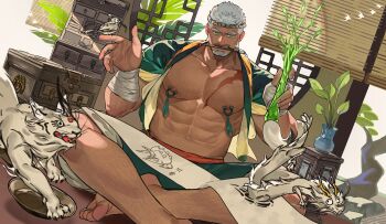 1boy abs absurdres bandages bara commentary_request dragon feet_out_of_frame hachimaki headband highres indie_virtual_youtuber kuroshima_kurishiro_(muyi24108414) large_pectorals magic male_focus mature_male mouth_hold muscular muscular_male navel nipple_piercing nipple_rings nipples pectorals piercing revision scroll second-party_source short_hair sitting solo sparse_chest_hair strongman_waist thick_eyebrows virtual_youtuber ying_feng_(slaveedge)