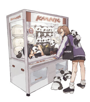 2girls annoyed bag black_footwear black_mask black_shorts brown_eyes brown_hair commentary kmnk_(kumanuko) looking_at_another machine mask mouth_mask multiple_girls open_mouth original panda purple_shirt shirt shopping_bag shorts sleeping socks stuffed_animal stuffed_panda stuffed_toy sweat symbol-only_commentary vending_machine white_background