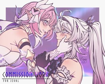 2girls black_flower commentary commission commissioner_name elysia_(herrscher_of_human:_ego)_(honkai_impact) elysia_(honkai_impact) english_commentary english_text flower gloves gradient_hair hand_on_another's_arm hand_on_another's_face highres honkai_(series) honkai_impact_3rd kiana_kaslana kiana_kaslana_(herrscher_of_finality) multicolored_hair multiple_girls pink_hair ponytail purple_eyes purple_hair signature smile tongjimonci two-tone_hair white_gloves white_hair yuri