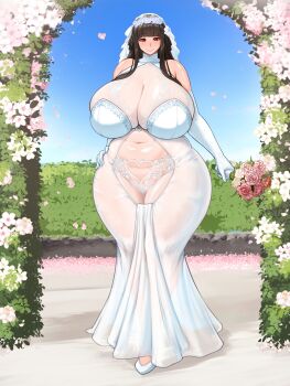 1girl arch belly black_hair blunt_bangs bodysuit bodysuit_under_clothes bouquet breasts cleavage clothing_cutout crotch_cutout dress elbow_gloves flower flower_arch flower_on_head gloves hand_on_own_hip heart hedge high_heels holding holding_bouquet huge_breasts kunoichi_enrai lace lace-trimmed_dress lace_trim last_origin lips long_hair mature_female navel outdoors plump red_eyes shoes sidelocks sky smile solo standing thick_thighs thighs tight_clothes tight_dress veil wedding wedding_arch wedding_dress wet_tea white_bodysuit white_dress white_gloves white_shoes white_veil wide_hips