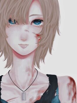 Rule 34 | 1girl, aya brea, blonde hair, blood, blood on face, blue bra, blue eyes, bra, collarbone, commentary request, highres, jewelry, lips, looking at viewer, maroame, necklace, parasite eve (series), parasite eve the 3rd birthday, ringed eyes, short hair, simple background, solo, underwear, white background