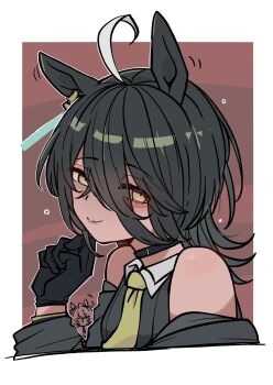 +++ 2girls agnes_tachyon_(umamusume) alternate_hair_length alternate_hairstyle animal_ears black_gloves black_hair black_jacket black_shirt brown_eyes chibi closed_mouth collared_shirt commentary_request cropped_torso gloves hair_between_eyes hand_up highres horse_ears jacket kawamochi_(kawauti919) looking_at_viewer manhattan_cafe_(creeping_shadow)_(umamusume) manhattan_cafe_(umamusume) motion_lines multicolored_hair multiple_girls necktie off_shoulder open_clothes open_jacket shirt sleeveless sleeveless_shirt solo_focus two-tone_hair umamusume upper_body white_hair yellow_necktie