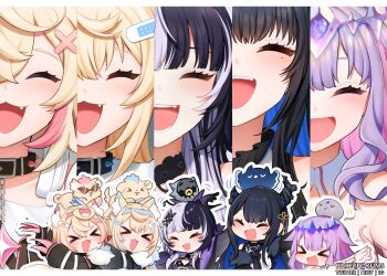 &gt;_&lt; 5girls :&gt; :3 ^_^ animal_ear_fluff animal_ears artist_name asymmetrical_horns bandaid bandaid_hair_ornament belt_collar bird black_choker black_collar black_hair black_jacket blonde_hair blue_hair blue_hairband blush chibi choker closed_eyes collar collared_shirt colored_inner_animal_ears colored_inner_hair commentary crossed_bangs demon_horns dog dog_ears dog_girl english_commentary facing_viewer fake_claws fang fur-trimmed_jacket fur_trim fuwawa_abyssgard fuwawa_abyssgard_(1st_costume) grey_hair hair_between_eyes hair_flaps hair_ornament hairband hairclip headpiece holoadvent hololive hololive_english horns jacket jailbird_(nerissa_ravencroft) koseki_bijou koseki_bijou_(1st_costume) letterboxed long_hair long_sleeves mascot mococo_abyssgard mococo_abyssgard_(1st_costume) mole mole_under_eye multicolored_hair multiple_girls nerissa_ravencroft nerissa_ravencroft_(1st_costume) novelites_(shiori_novella) open_clothes open_jacket open_mouth outline pebble_(koseki_bijou) pink_hair pink_hairband pokey puffy_long_sleeves puffy_sleeves purple_hair ruffian_(fuwamoco) shiori_novella shiori_novella_(1st_costume) shirt smile split-color_hair streaked_hair sunglasses tassel tassel_hair_ornament tongue triangular_eyewear two-tone_hair u_u uneven_horns virtual_youtuber white_outline white_shirt x_hair_ornament