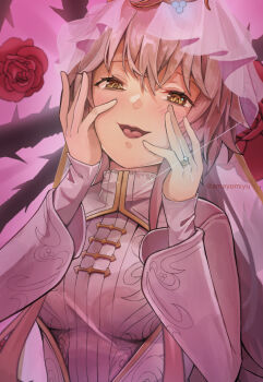 1girl amayomiyu blush breasts bridal_veil charlotta_skopovskaya dress flower hands_on_own_cheeks hands_on_own_face heaven_burns_red jewelry long_hair long_sleeves looking_at_viewer medium_breasts open_mouth pink_background pink_hair plant red_flower red_rose ring rose smile solo thorns twitter_username upper_body veil vines wedding_dress wedding_ring white_dress yellow_eyes