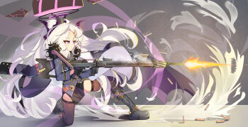 Rule 34 | 1girl, absurdres, ahoge, black boots, black gloves, black halo, black horns, black skirt, black thighhighs, blue archive, boots, casing ejection, coat, coat on shoulders, demon girl, demon horns, demon wings, firing, gloves, gun, hair ornament, hairclip, halo, highres, hina (blue archive), holding, holding gun, holding weapon, horns, lace-up boots, long hair, long sleeves, low wings, machine gun, mg42, miniskirt, multiple horns, on one knee, parted bangs, purple eyes, purple wings, shell casing, skirt, solo, thighhighs, very long hair, weapon, white hair, wings, xg epee