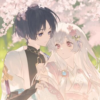 1boy 1girl armor artist_request black_bodysuit black_bridal_gauntlets black_hair blue_gemstone blue_kimono blue_sleeves blunt_ends bodysuit bow bridal_gauntlets bright_pupils choppy_bangs closed_mouth clothing_cutout commission commissioner_insert couple covered_collarbone cryo_symbol_(genshin_impact) eyelashes eyeliner eyeshadow fingernails floral_print floral_print_kimono flower gem genshin_impact gold gold_ring hair_between_eyes hair_bow hair_flower hair_ornament half-closed_eyes hayami_momo_(hayamimomo) hetero japanese_armor japanese_clothes juban kimono kote kurokote lace-trimmed_sleeves lace_trim layered_sleeves long_hair looking_at_another makeup mandarin_collar middle_ring mole mole_under_eye obi oc_x_canon open_clothes open_kimono original parted_bangs pink_bow pink_eyes pink_flower pink_sleeves print_kimono purple_eyes purple_rope red_eyeliner red_eyeshadow rope sash scaramouche_(genshin_impact) second-party_source short_sleeves shoulder_cutout shoulder_peek sidelocks tareme vision_(genshin_impact) wanderer_(genshin_impact) white_hair white_kimono white_pupils white_sleeves