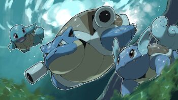 Rule 34 | animal focus, blacknirrow, blastoise, brown eyes, cannon, closed mouth, evolutionary line, fangs, gen 1 pokemon, highres, nintendo, no humans, nostrils, open mouth, outline, pokemon, pokemon (creature), pokemon focus, smile, squirtle, swimming, underwater, v-shaped eyes, wartortle, white outline