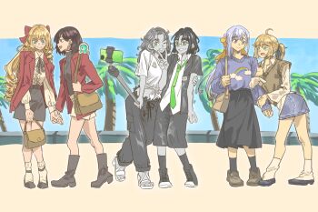 6+girls ahoge anisphia_wynn_palettia anjuro_zeeku bag black_boots black_ribbon black_shorts black_skirt blonde_hair blue_eyes blush boots brown_hair brown_sweater_vest claire_francois closed_mouth commentary contemporary drill_hair english_commentary euphyllia_magenta glasses green_eyes green_necktie grey_shoes grey_skirt hair_ribbon handbag high_heels holding_hands jacket kininatteru_hito_ga_otoko_ja_nakatta koga_mitsuki long_hair long_sleeves looking_at_another multiple_girls necktie oosawa_aya palm_tree purple_eyes purple_hair rae_taylor rainbow red_eyes red_jacket ribbon selfie selfie_stick shirt shoes short_hair shorts shoulder_bag skirt smile socks sweatdrop sweater_vest tensei_oujo_to_tensai_reijou_no_mahou_kakumei tree v watashi_no_oshi_wa_akuyaku_reijou white_shirt white_socks yellow_background yellow_ribbon yuri