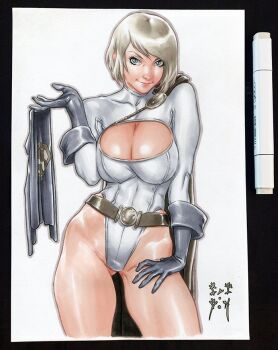 1girl black_gloves blonde_hair blue_eyes breasts cape cleavage_cutout clothing_cutout cre.o.n dc_comics gloves large_breasts leotard power_girl short_hair solo traditional_media white_leotard