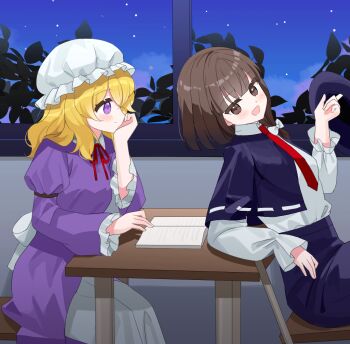 Rule 34 | 2girls, back bow, black capelet, black hat, black skirt, blonde hair, blush, book, bow, brown eyes, brown hair, capelet, chimi (s2yuyukos2), closed mouth, collared shirt, commentary, dress, frilled sleeves, frills, hair bow, hat, holding, holding unworn clothes, holding unworn hat, long hair, long sleeves, maribel hearn, mob cap, multiple girls, neck ribbon, necktie, no headwear, open book, open mouth, purple dress, purple eyes, red necktie, red ribbon, ribbon, ribbon-trimmed capelet, ribbon trim, shirt, shirt tucked in, sitting, skirt, smile, touhou, unworn hat, unworn headwear, usami renko, white bow, white hat, white shirt