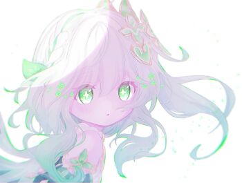 Rule 34 | 1girl, :o, bare shoulders, blush, commentary request, cross-shaped pupils, from side, genshin impact, green eyes, green streaks, hair between eyes, hair ornament, highres, leaf hair ornament, looking at viewer, looking to the side, multicolored hair, nahida (genshin impact), ne ru ri, simple background, sleeveless, solo, streaked hair, symbol-shaped pupils, upper body, white background, white hair