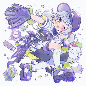 1girl absurdres ball baseball_(object) baseball_glove bent_over black_hat black_shorts blue_hair blunt_bangs blush commentary_request food full_body green_eyes green_hat hat highres kneehighs long_hair miniko_0325 one_eye_closed open_mouth original platform_shoes popcorn purple_shoes rabbit shirt shoes short_sleeves shorts simple_background socks solo standing star_(symbol) thick_eyebrows watermark white_background white_shirt white_socks