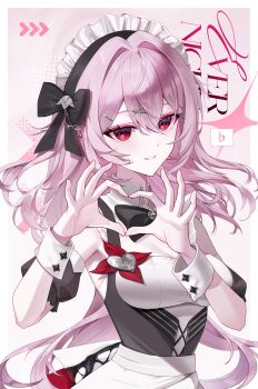 1girl absurdres alternate_costume black_flower breasts commentary dress evernight_(honkai:_star_rail) flower gloves hair_between_eyes hair_flower hair_ornament hairclip heart heart_hands highres honkai:_star_rail honkai_(series) long_hair looking_at_viewer maid march_7th_(honkai:_star_rail) mimemu official_alternate_eye_color pink_hair red_eyes smile solo