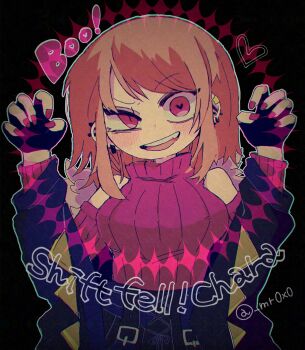 Rule 34 | 1girl, adversarial noise, breasts, brown hair, chara (shiftfell), chara (undertale), detached sleeves, ear piercing, earrings, english text, fingerless gloves, gloves, heart, heart in eye, highres, jacket, jewelry, medium breasts, mr0x0, off-shoulder sweater, off shoulder, open clothes, open jacket, piercing, purple nails, purple sleeves, purple sweater, sweater, symbol in eye, tagme, turtleneck, turtleneck sweater, twitter username, undertale, utdr (toby fox)
