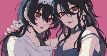 2girls black_hair blue_shirt bra_strap breasts choker cleavage collarbone commentary_request earrings ensemble_stars! fang genderswap genderswap_(mtf) hair_between_eyes hand_on_another&#039;s_neck haruiro_(hrm_ino) headband highres jewelry korean_commentary light_blush long_hair long_sidelocks looking_at_viewer medium_breasts multiple_girls open_mouth pink_background red_eyes red_lips red_nails sakuma_rei_(ensemble_stars!) sakuma_ritsu shirt siblings sidelocks simple_background sisters slit_pupils smile stud_earrings upper_body white_headband white_shirt