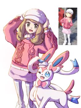 Rule 34 | 1girl, :d, adjusting clothes, adjusting headwear, arms up, blush, boots, bracelet, brown hair, dress, game screenshot inset, gen 6 pokemon, grey eyes, grey pantyhose, harmony (pokemon), hat, highres, jewelry, knit sweater, long hair, long sleeves, looking at viewer, newsboy cap, nintendo, open mouth, painter rin, pantyhose, pink dress, pink sweater, pokemon, pokemon legends: z-a, reference inset, smile, sweater, sylveon, white boots, white hat
