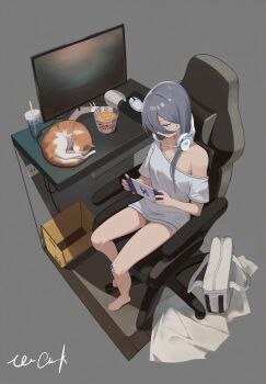 1girl bag bandaid bandaid_on_knee bandaid_on_leg bare_legs box breasts cardboard_box cat chair chopsticks cleavage commentary computer computer_mouse cup instant_cup_noodles drink exia_(nikke) feet food gaming_chair goddess_of_victory:_nikke grey_hair handheld_game_console headset highres instant_noodles long_hair looking_at_object monitor shirt signature sleeping_animal swivel_chair vinnie_cheeks white_shirt