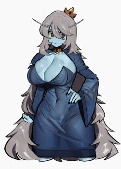 1girl adventure_time blue_eyes blue_skin breasts closed_mouth colored_skin covered_navel cropped_legs crown dress grey_hair hair_between_eyes hand_on_own_hip huge_breasts ice_queen_(adventure_time) long_eyebrows long_hair long_sleeves looking_at_viewer mano_(manobece) see-through_clothes see-through_dress simple_background very_long_hair white_background wide_sleeves
