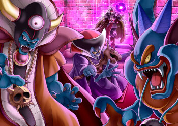 Rule 34 | 4boys, ahoge, aqua scales, armor, bandana, blue skin, brick wall, cape, colored sclera, colored skin, commentary request, demon boy, dragon lord, dragon quest, dragon quest i, dragon quest ii, dragon quest iii, dragon quest iv, energy ball, fake horns, fingernails, fins, floating clothes, floating hair, fur cape, glowing, glowing eyes, grin, head fins, helmet, holding, holding staff, holding sword, holding weapon, horned helmet, horns, in-franchise crossover, jewelry, kamakiri, male focus, monster, monster boy, multiple boys, necklace, open mouth, orange robe, pauldrons, pisaro, pointy ears, red bandana, red eyes, robe, sharp fingernails, sharp teeth, shoulder armor, sidoh, single pauldron, skull necklace, slit pupils, smile, spiked pauldrons, staff, sword, teeth, third eye, weapon, white hair, yellow sclera, zoma