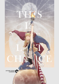 1girl american_flag american_flag_gloves american_flag_legwear american_flag_print arm_up armpits black_shorts blonde_hair clownpiece colored_eyelashes commentary dotted_background english_commentary english_text flag_print foot_out_of_frame gloves gold_necklace grey_background grin hand_up hat highres holding holding_torch jester_cap jewelry large_hat lips long_hair looking_at_viewer necklace on_one_knee orb pom_pom_(clothes) print_gloves qingshuiwuyin_pary red_eyes ring ring_necklace shirt short_shorts short_sleeves shorts silver_necklace smile solo torch touhou white_shirt