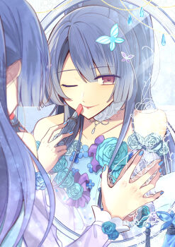 1boy absurdres applying_makeup applying_own_makeup bare_shoulders blue_flower blue_hair blue_nails blue_rose bug butterfly choker closed_mouth collarbone cosmetics dress_flower flower hair_ornament hatuki_82 high_ponytail highres holding holding_lipstick_tube i-chu insect kagurazaka_runa lipstick_tube long_hair looking_at_viewer mirror one_eye_closed ponytail red_eyes red_lips reflection rose smile solo trap