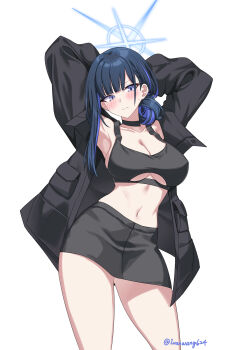 1girl absurdres black_skirt blue_archive blue_hair blue_halo clothing_cutout colored_inner_hair commentary_request halo highres ivan_wang multicolored_hair official_alternate_costume official_alternate_hairstyle saori_(blue_archive) saori_(zozotown)_(blue_archive) simple_background skirt solo underboob_cutout white_background zozotown