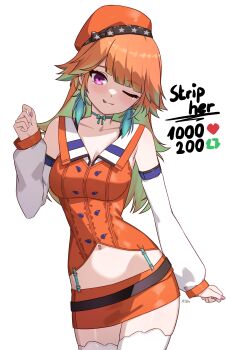 1girl ;p absurdres beret breasts buttons colored_inner_hair commentary detached_sleeves double-breasted english_commentary gradient_hair green_hair hat highres hololive hololive_english long_hair medium_breasts miniskirt multicolored_hair one_eye_closed orange_hair orange_hat orange_skirt orange_vest purple_eyes simple_background skirt solo standing takanashi_kiara takanashi_kiara_(1st_costume) thighhighs tongue tongue_out twitter_strip_game vest virtual_youtuber white_background white_thighhighs x_xith_x