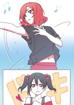 2girls asymmetrical_sidelocks black_hair black_shirt blush bow commentary_request dancing hand_on_own_chest hand_up heart highres inazuma_(elect_line) love_live! love_live!_school_idol_project midriff_peek motion_lines multiple_girls musical_note navel nishikino_maki outstretched_arm outstretched_hand pink_bow pink_eyes purple_eyes red_hair shirt short_sleeves short_twintails sidelocks sweat twintails upper_body yazawa_nico yuri