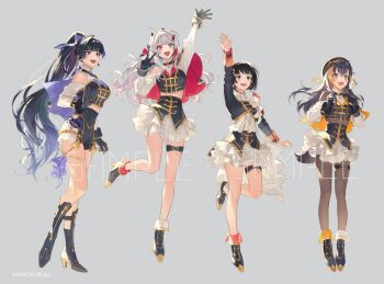 Rule 34 | 4girls, :d, aiguillette, ankle boots, arm up, asymmetrical footwear, beret, black boots, black cape, black gloves, black hair, black hat, black shirt, black shorts, black skirt, blue eyes, blush, bob cut, boots, breasts, cape, clothing cutout, collared shirt, commentary request, copyright notice, demon horns, frilled shirt collar, frilled skirt, frills, gloves, gold trim, grey background, grey bodystocking, grey eyes, grey hair, hair ornament, hand up, hands up, hat, headset, heterochromia, high-waist shorts, high heel boots, high heels, horns, idol clothes, ishigami nozomi, iwamoto zerogo, large breasts, layered shirt, layered skirt, long hair, looking ahead, meloco kyoran, midriff, miniskirt, mismatched footwear, multicolored hair, multiple girls, nijisanji, nijisanji en, official art, open mouth, orange cape, orange hair, petra gurin, pink hair, ponytail, purple eyes, red cape, red eyes, red hair, sample watermark, shirt, short hair, shorts, shoulder cutout, side cape, simple background, single bare shoulder, skirt, sleeve cuffs, small breasts, smile, spread fingers, standing, standing on one leg, streaked hair, tail, tassel, thigh strap, tsukino mito, two-sided cape, two-sided fabric, two-tone hair, very long hair, virtual youtuber, w, watermark, white shirt, white shorts, white skirt